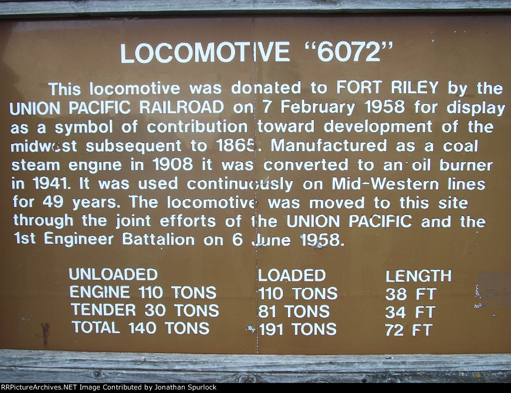 UP 6072, close up of information sign